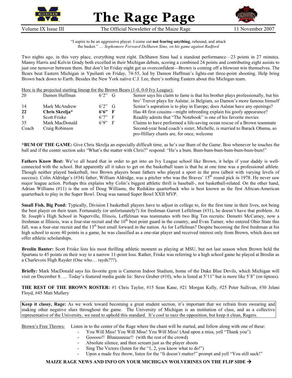 The Rage Page Volume IX Issue III the Official Newsletter of the Maize Rage 11 November 2007