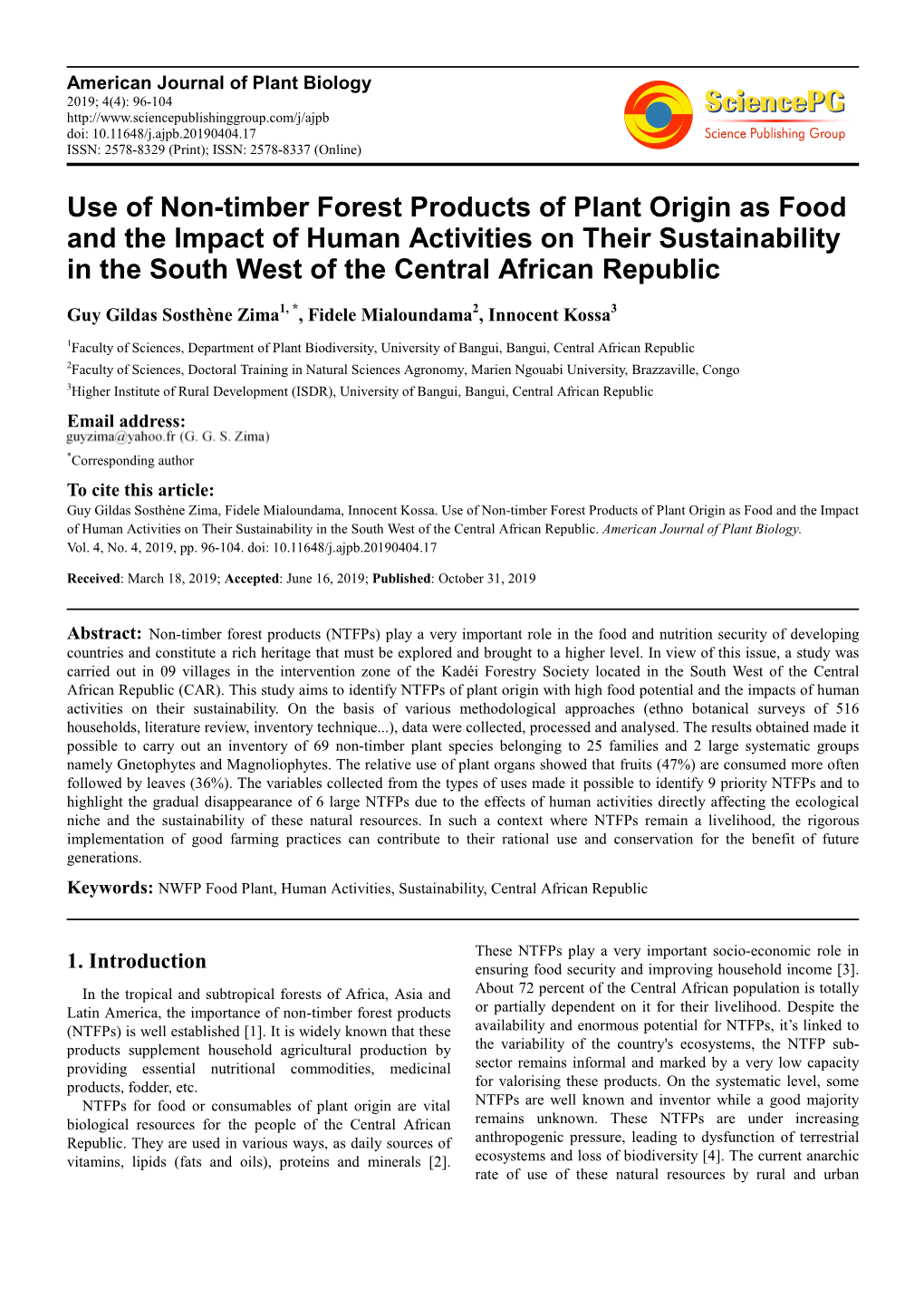 Use of Non-Timber Forest Products of Plant Origin As Food and the Impact