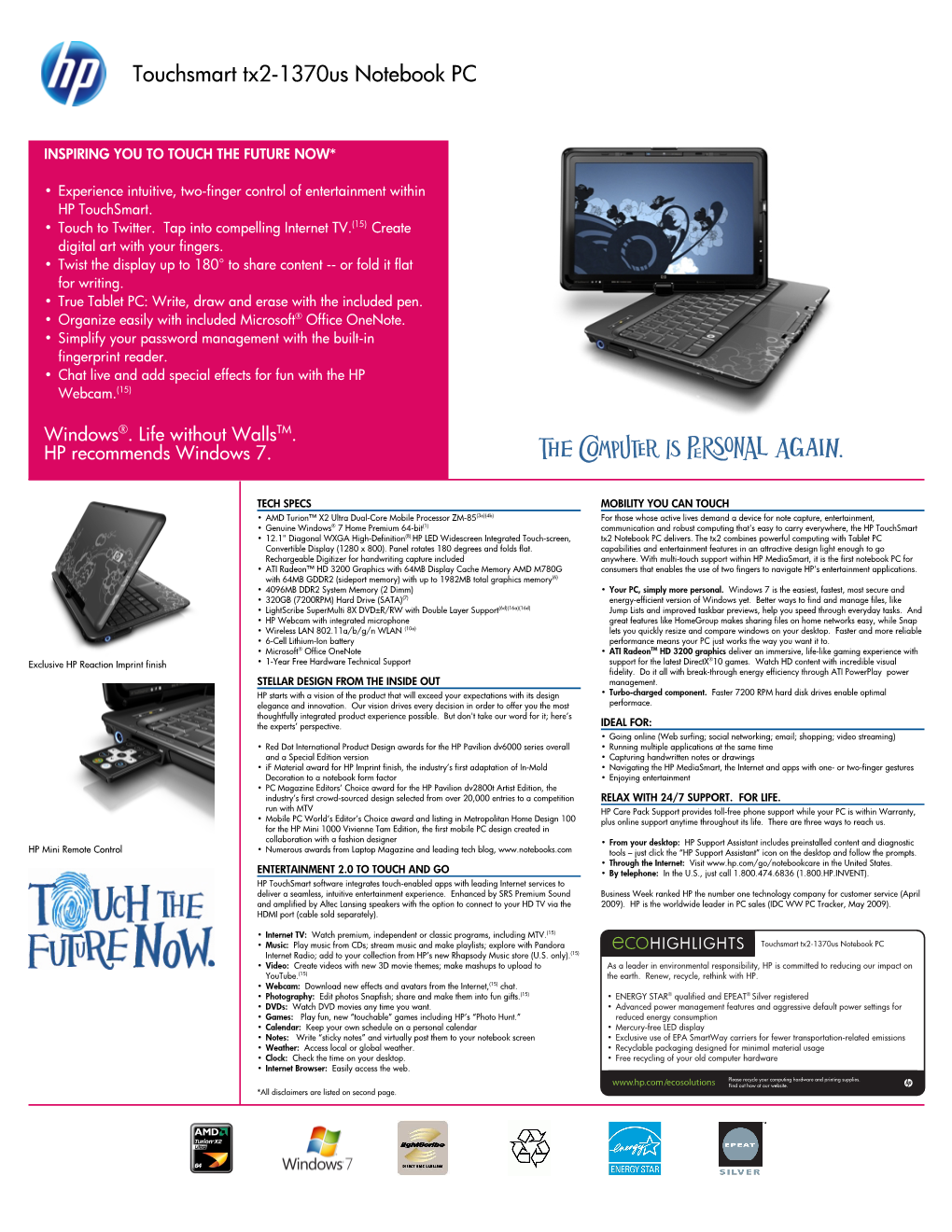 Touchsmart Tx2-1370Us Notebook PC