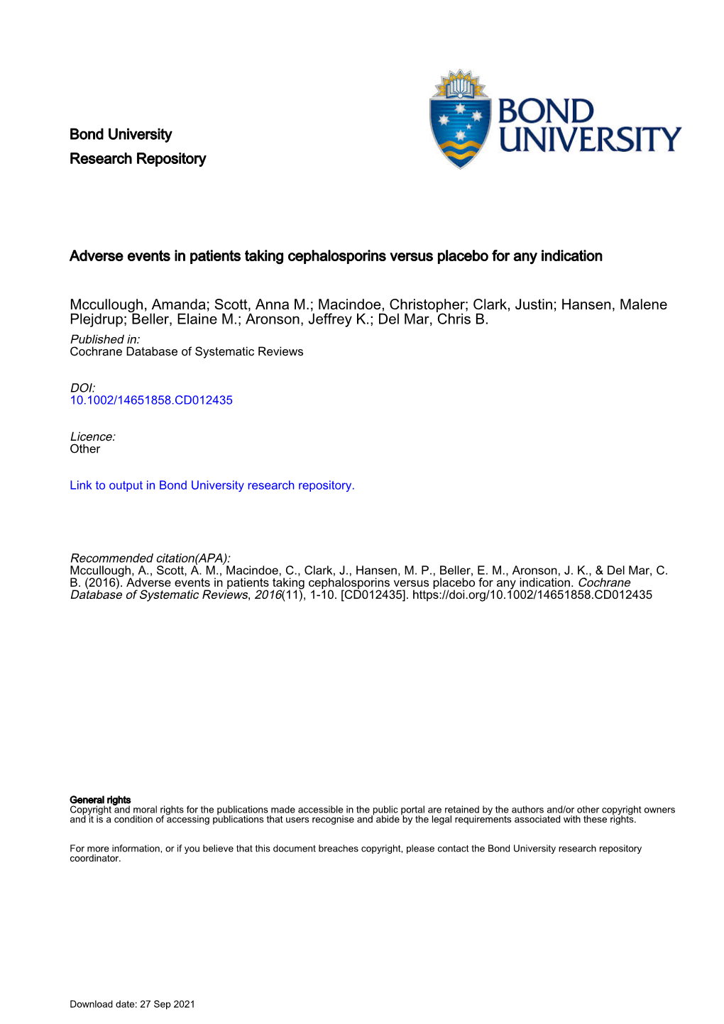 Adverse Events in Patients Taking Cephalosporins Versus Placebo for Any Indication