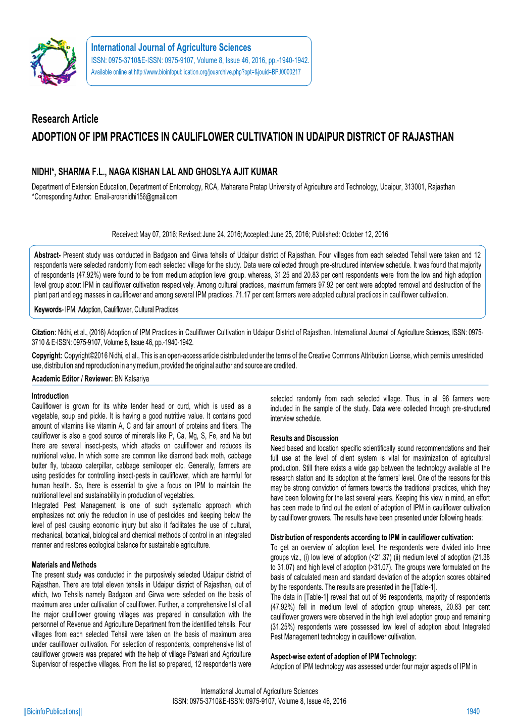 Research Article ADOPTION of IPM PRACTICES in CAULIFLOWER CULTIVATION in UDAIPUR DISTRICT of RAJASTHAN