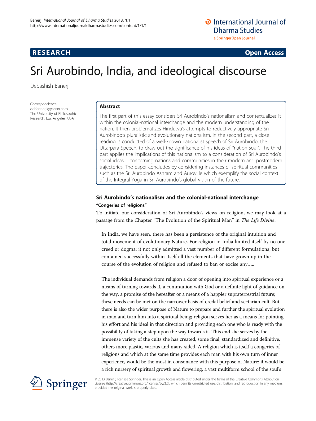 Sri Aurobindo, India, and Ideological Discourse Debashish Banerji