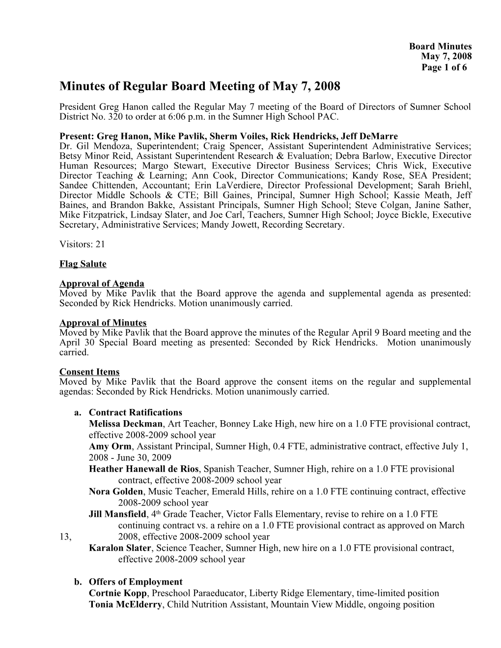 Minutes of Regular Board Meeting of May 7, 2008