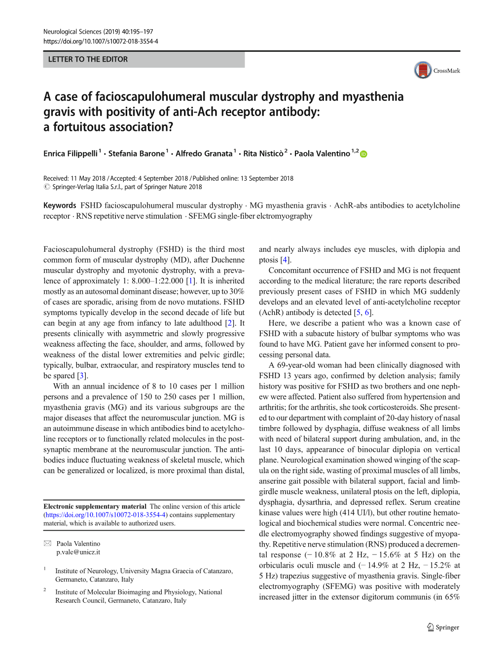 A Case of Facioscapulohumeral Muscular Dystrophy and Myasthenia Gravis with Positivity of Anti-Ach Receptor Antibody: a Fortuitous Association?