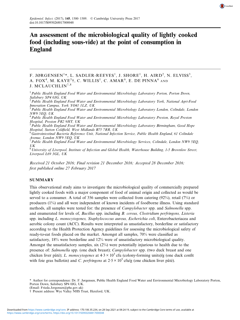 An Assessment of the Microbiological Quality of Lightly Cooked Food (Including Sous-Vide) at the Point of Consumption in England