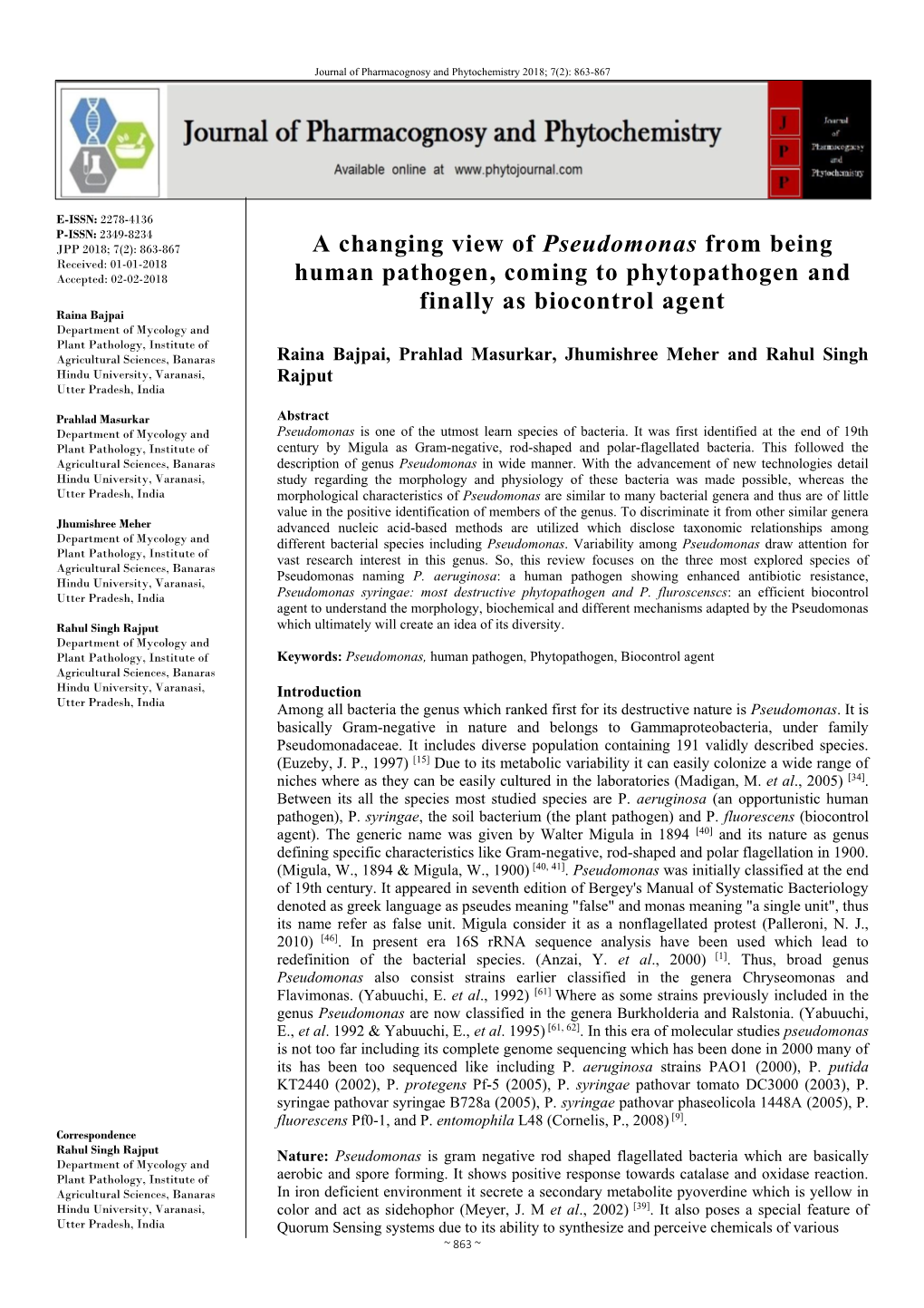 A Changing View of Pseudomonas from Being Human Pathogen