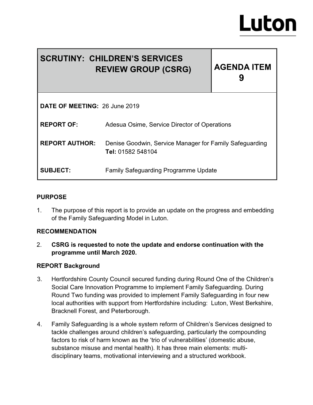 Family Safeguarding Programme Update