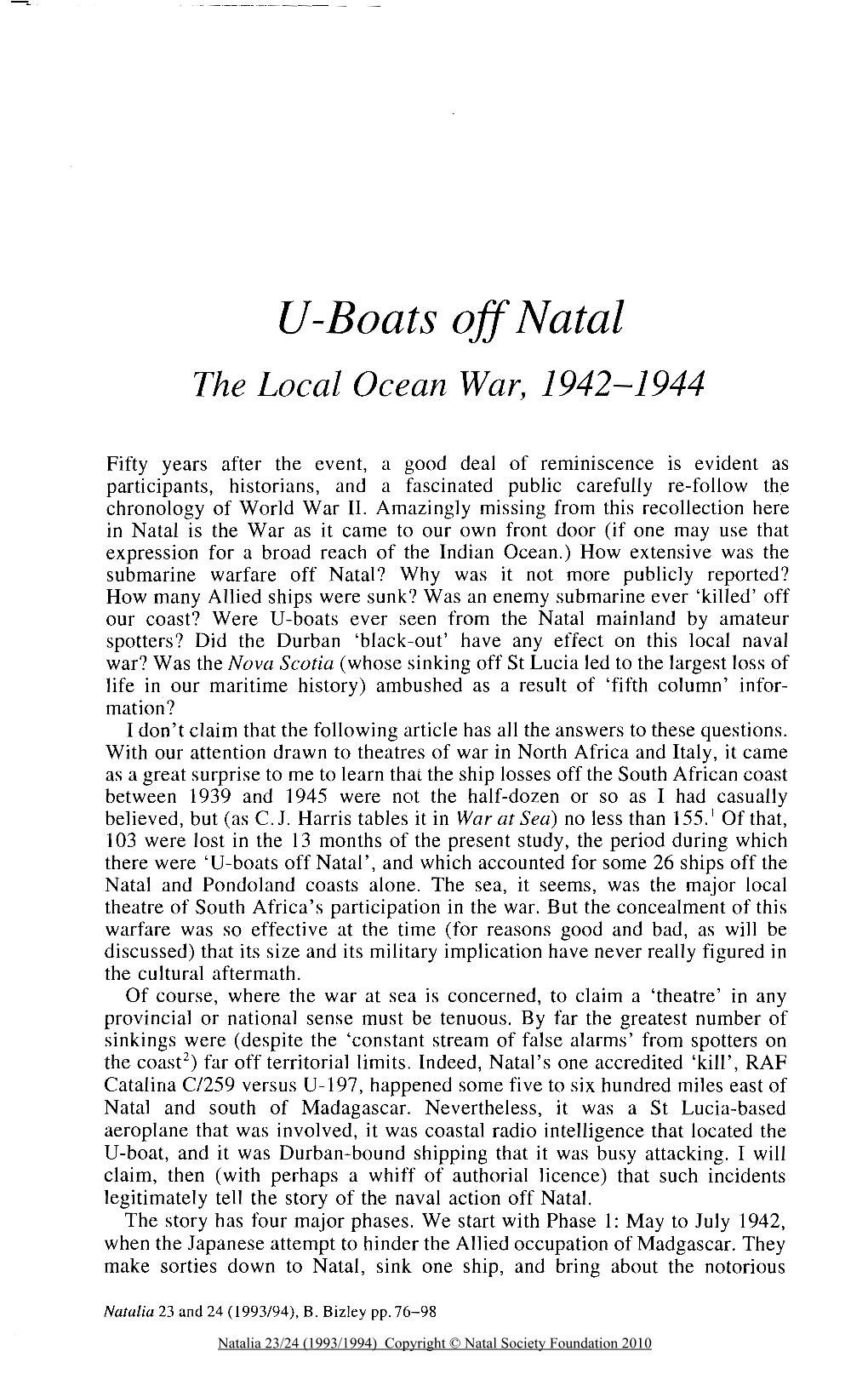 V-Boats Off Natal the Local Ocean War, 1942-1944