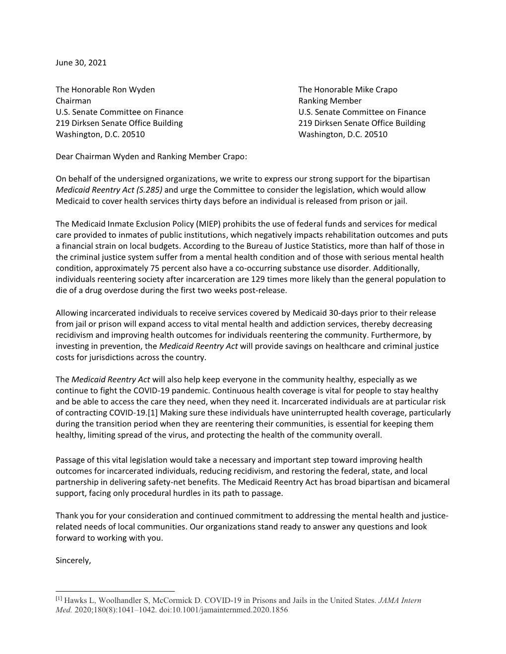 Naco Joins Stakeholder Letter in Support of the Medicaid Reentry