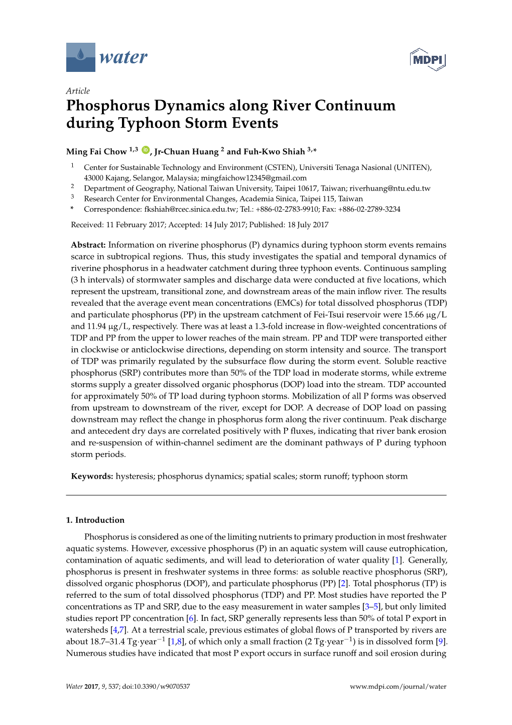 Phosphorus Dynamics Along River Continuum During Typhoon Storm Events