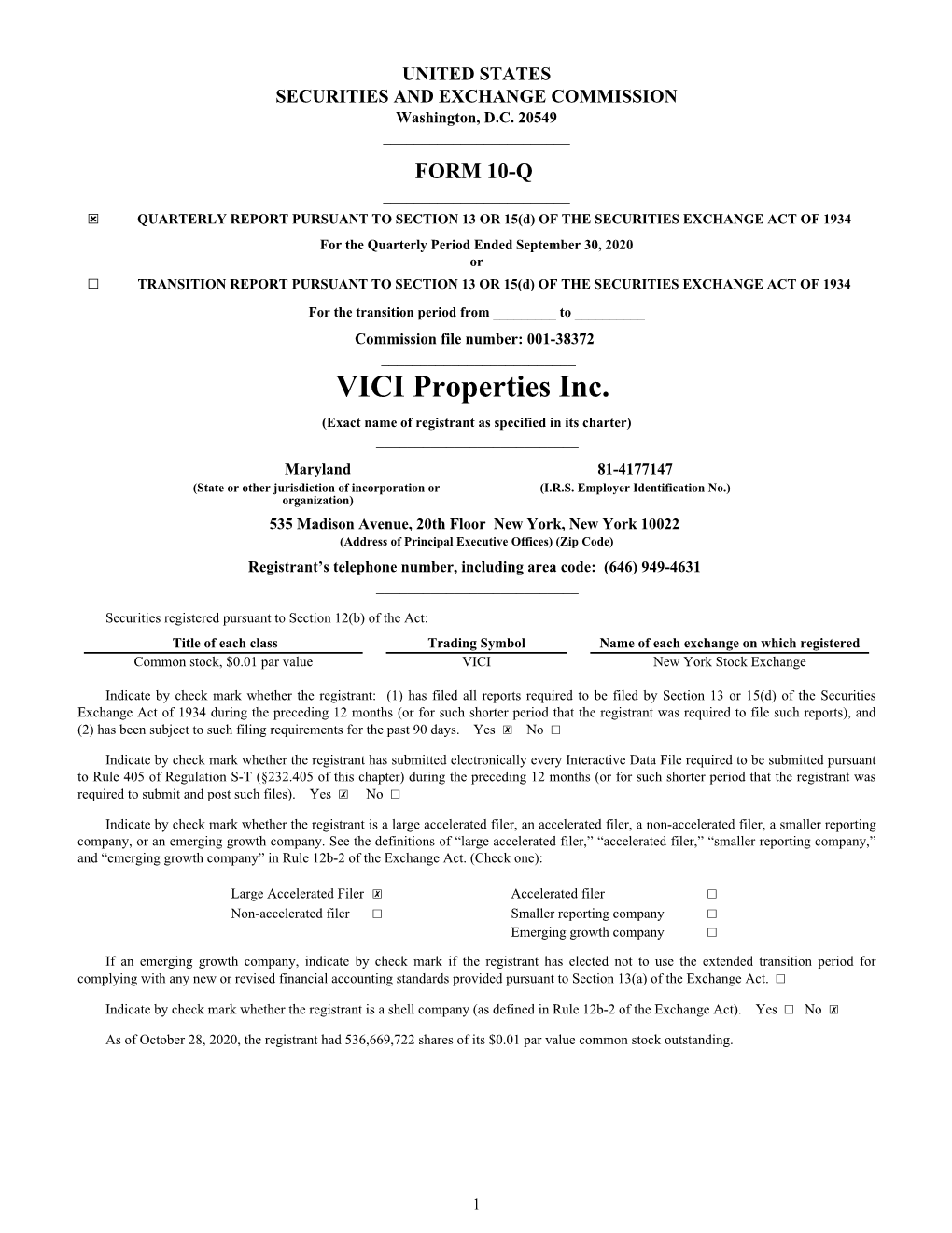 VICI Properties Inc. (Exact Name of Registrant As Specified in Its Charter) ______Maryland 81-4177147 (State Or Other Jurisdiction of Incorporation Or (I.R.S