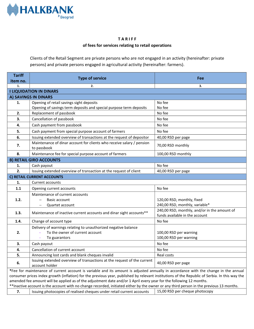T a R I F F of Fees for Services Relating to Retail Operations Clients of the Retail Segment Are Private Persons Who Are Not