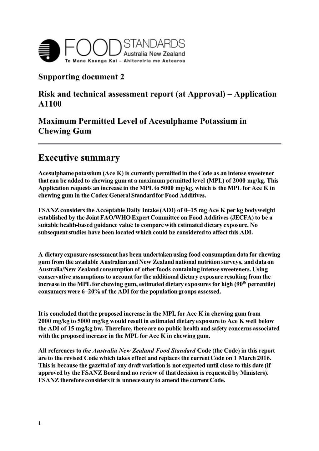 Risk and Technical Assessment Report (At Approval) Application A1100