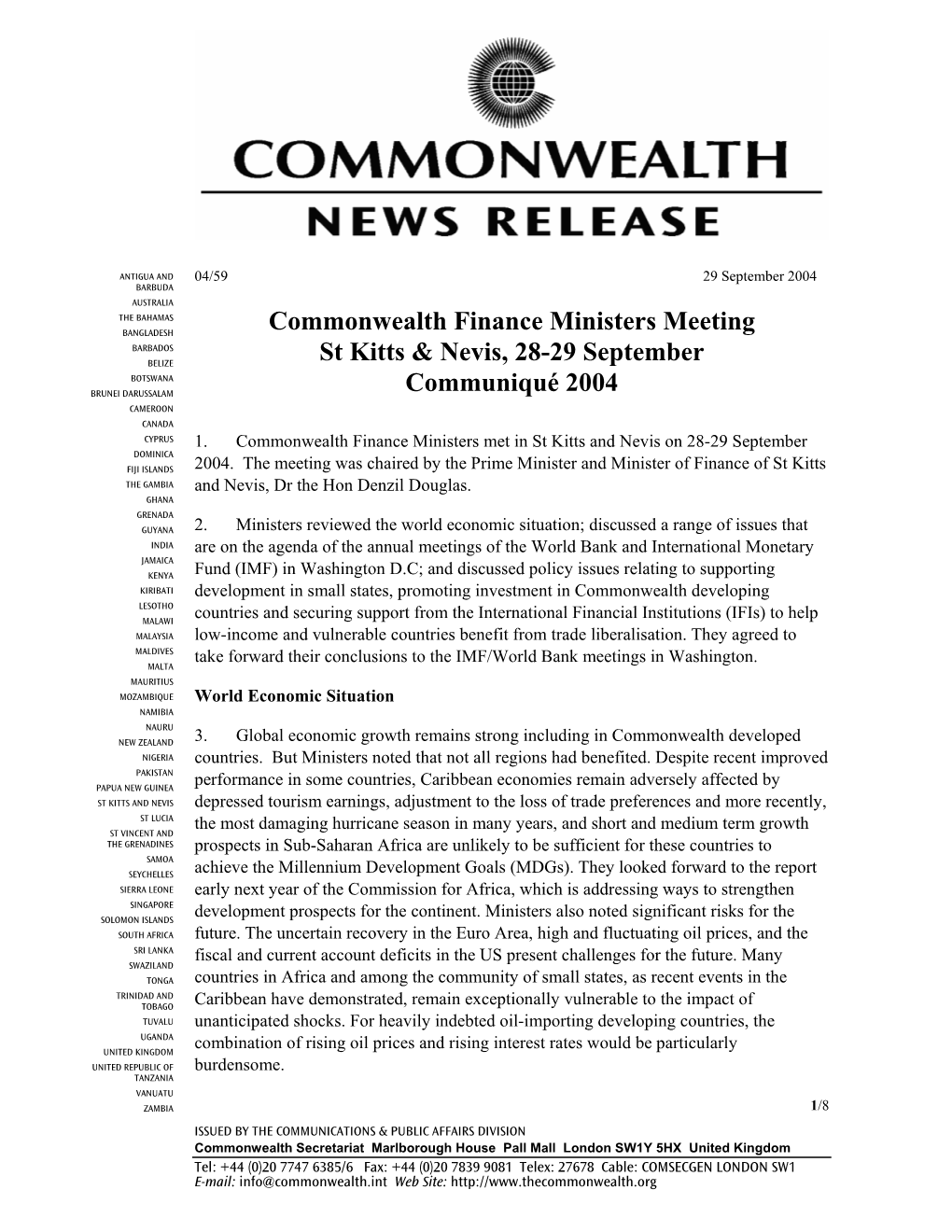 Commonwealth Finance Ministers Meeting St Kitts & Nevis, 28-29
