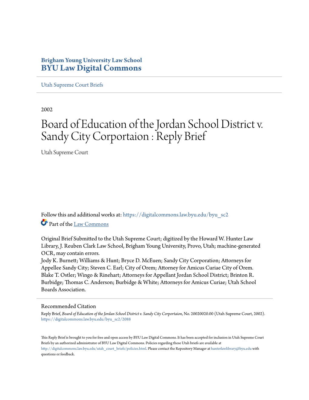 Board of Education of the Jordan School District V. Sandy City Corportaion : Reply Brief Utah Supreme Court