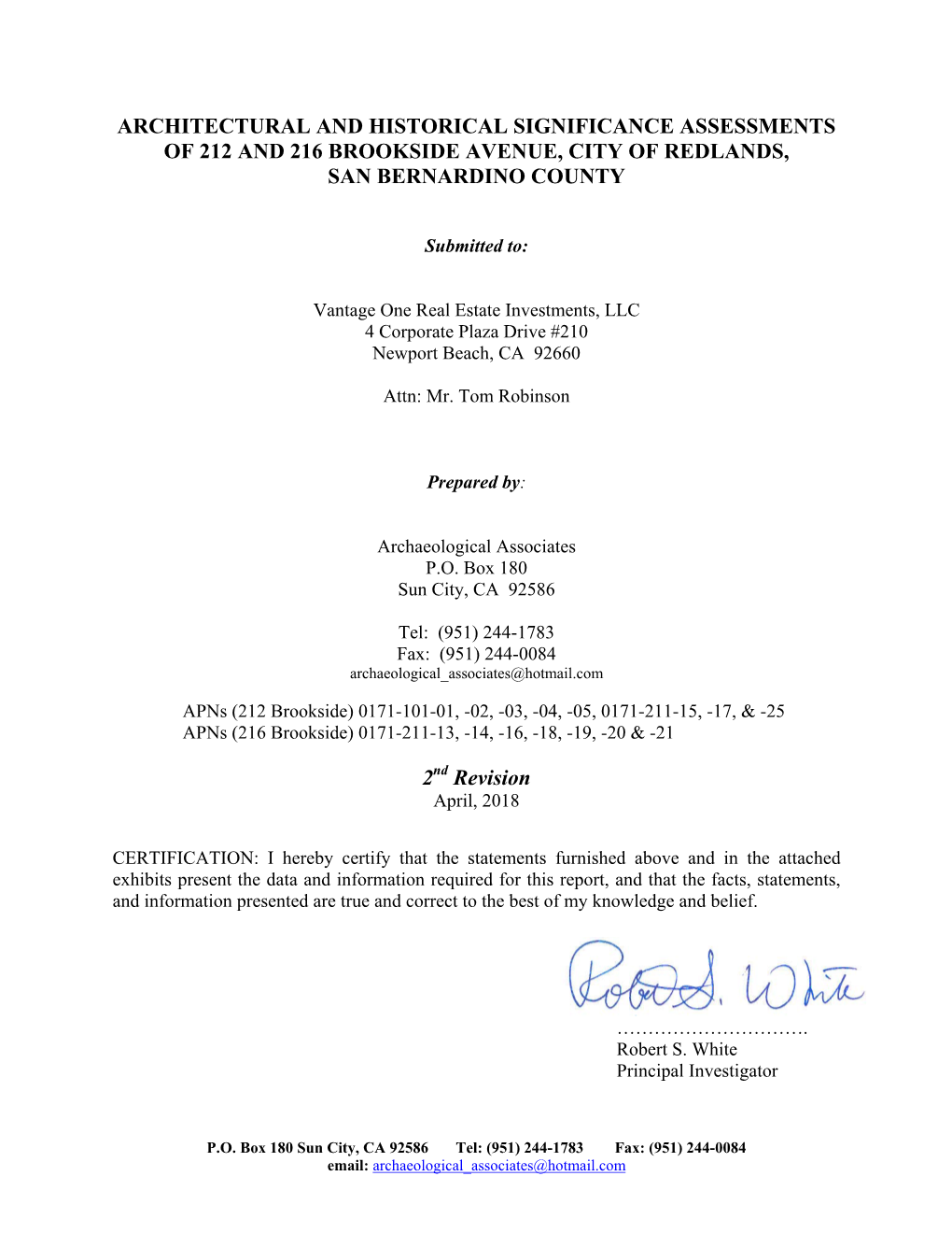 Architectural and Historical Significance Assessments of 212 and 216 Brookside Avenue, City of Redlands, San Bernardino County