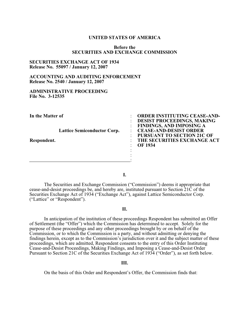 Administrative Proceeding: Lattice Semiconductor Corp