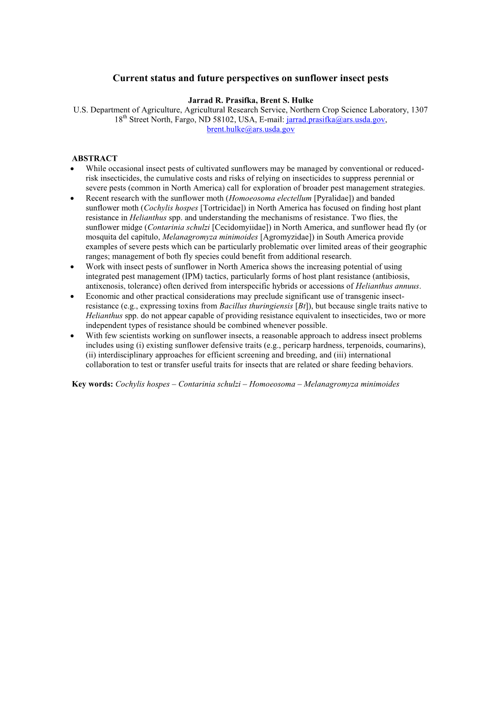 Current Status and Future Perspectives on Sunflower Insect Pests