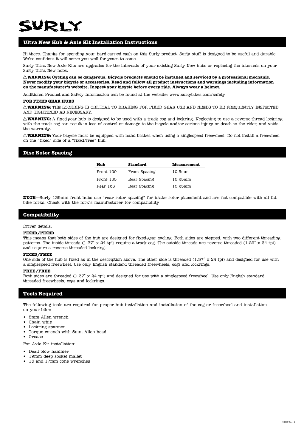 Ultra New Hub & Axle Kit Installation Instructions Compatibility Disc Rotor Spacing Tools Required