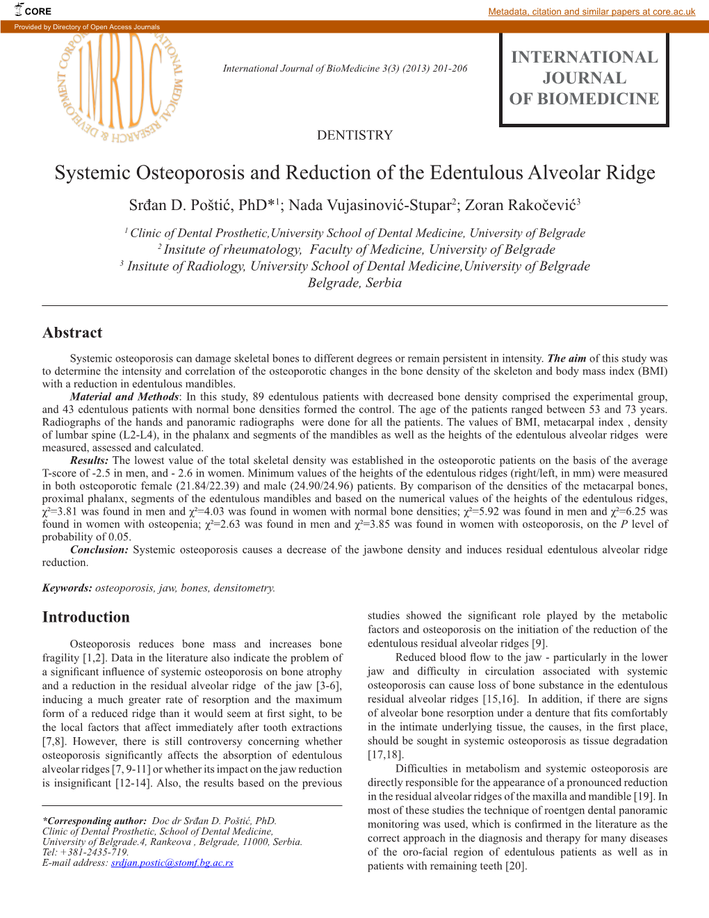 Systemic Osteoporosis and Reduction of the Edentulous Alveolar Ridge Srđan D