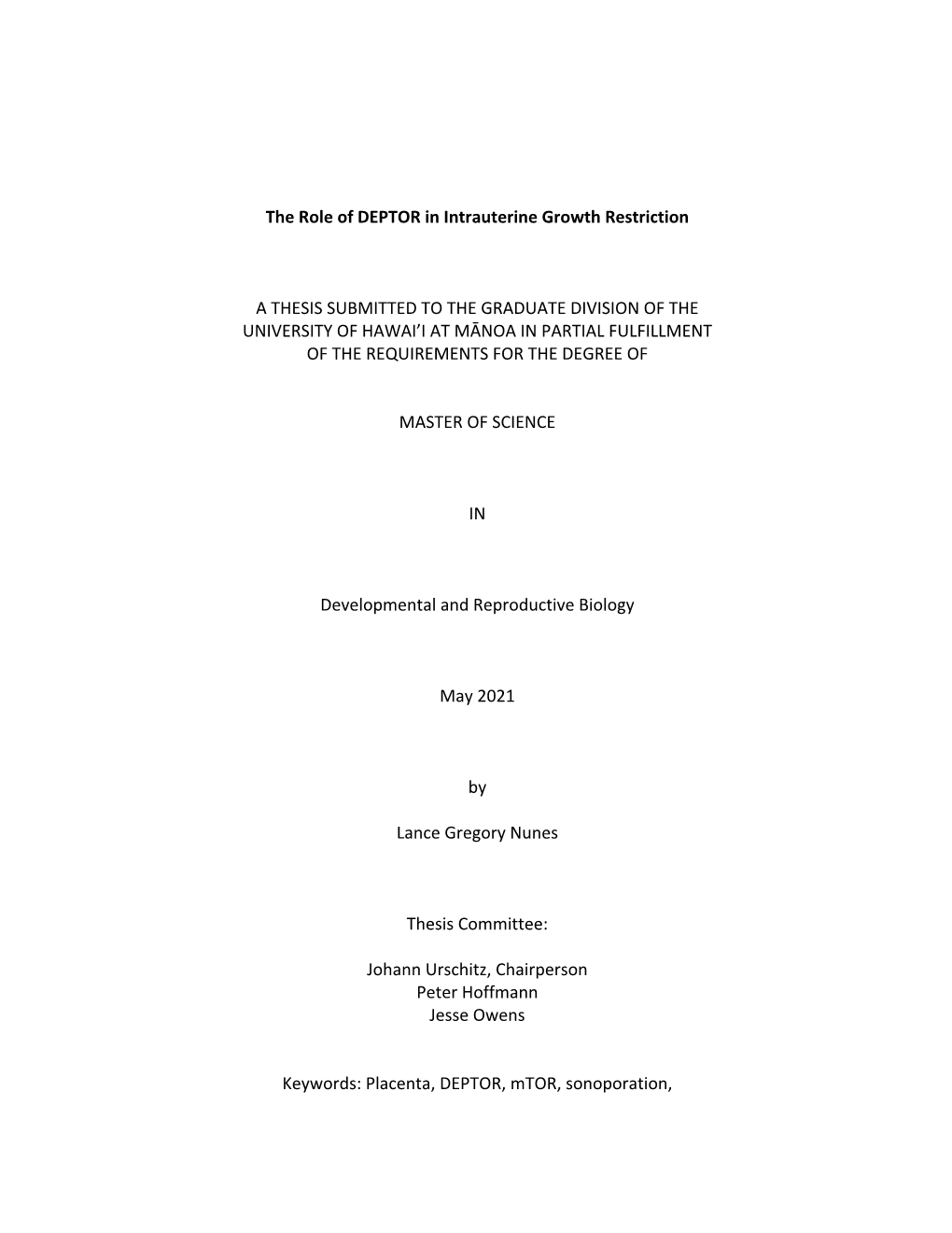 The Role of DEPTOR in Intrauterine Growth Restriction