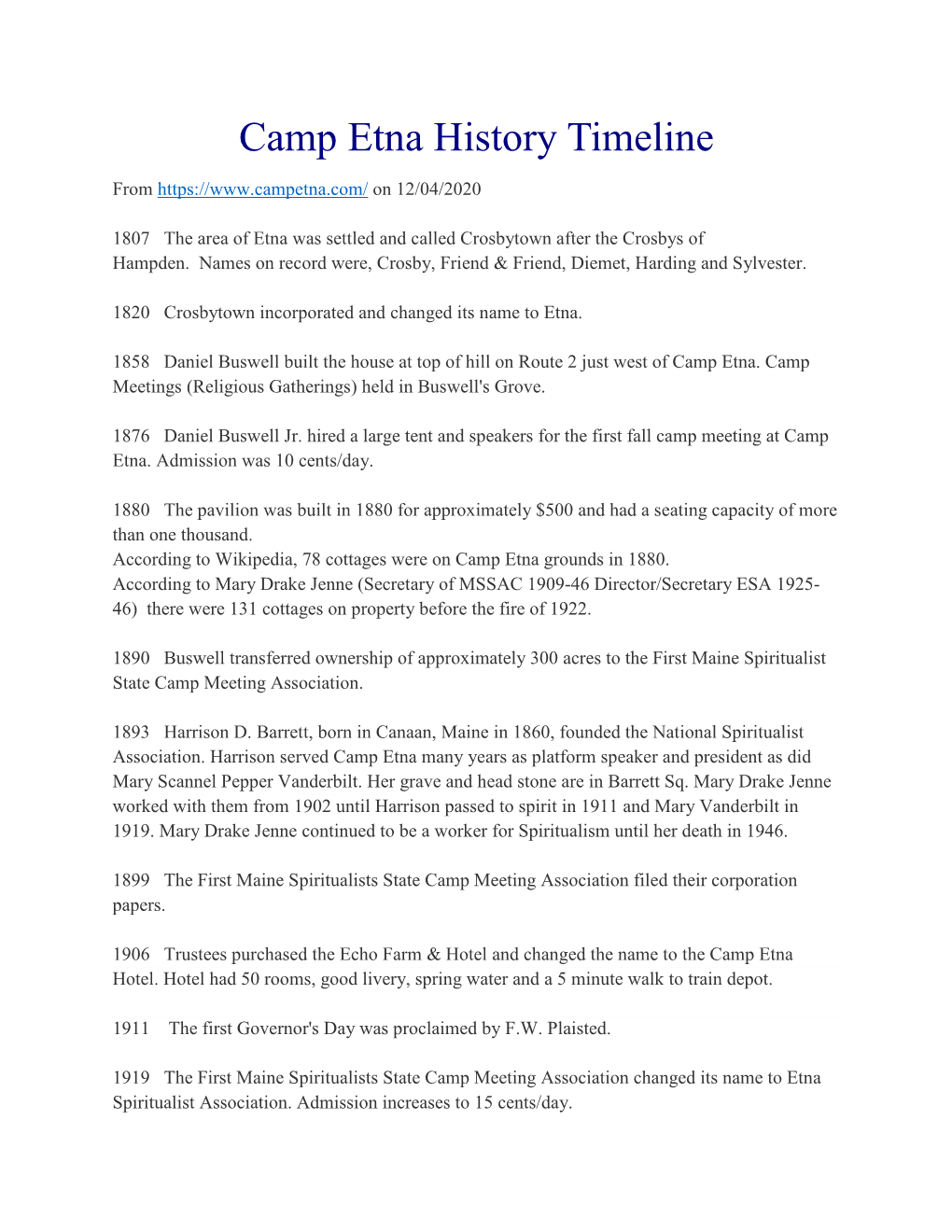 Camp Etna History Timeline