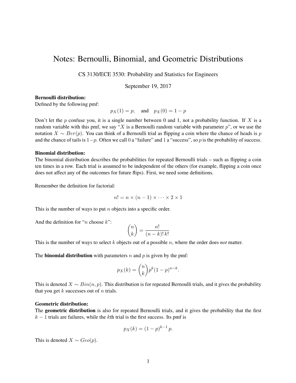 Notes: Bernoulli, Binomial, and Geometric Distributions