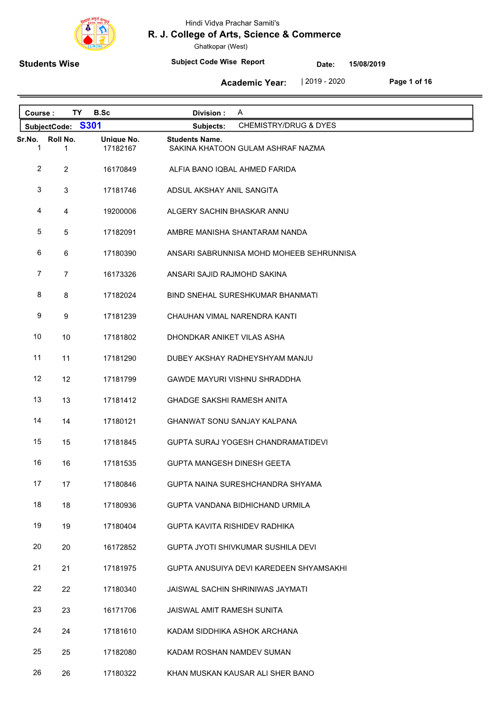 R. J. College of Arts, Science & Commerce S301