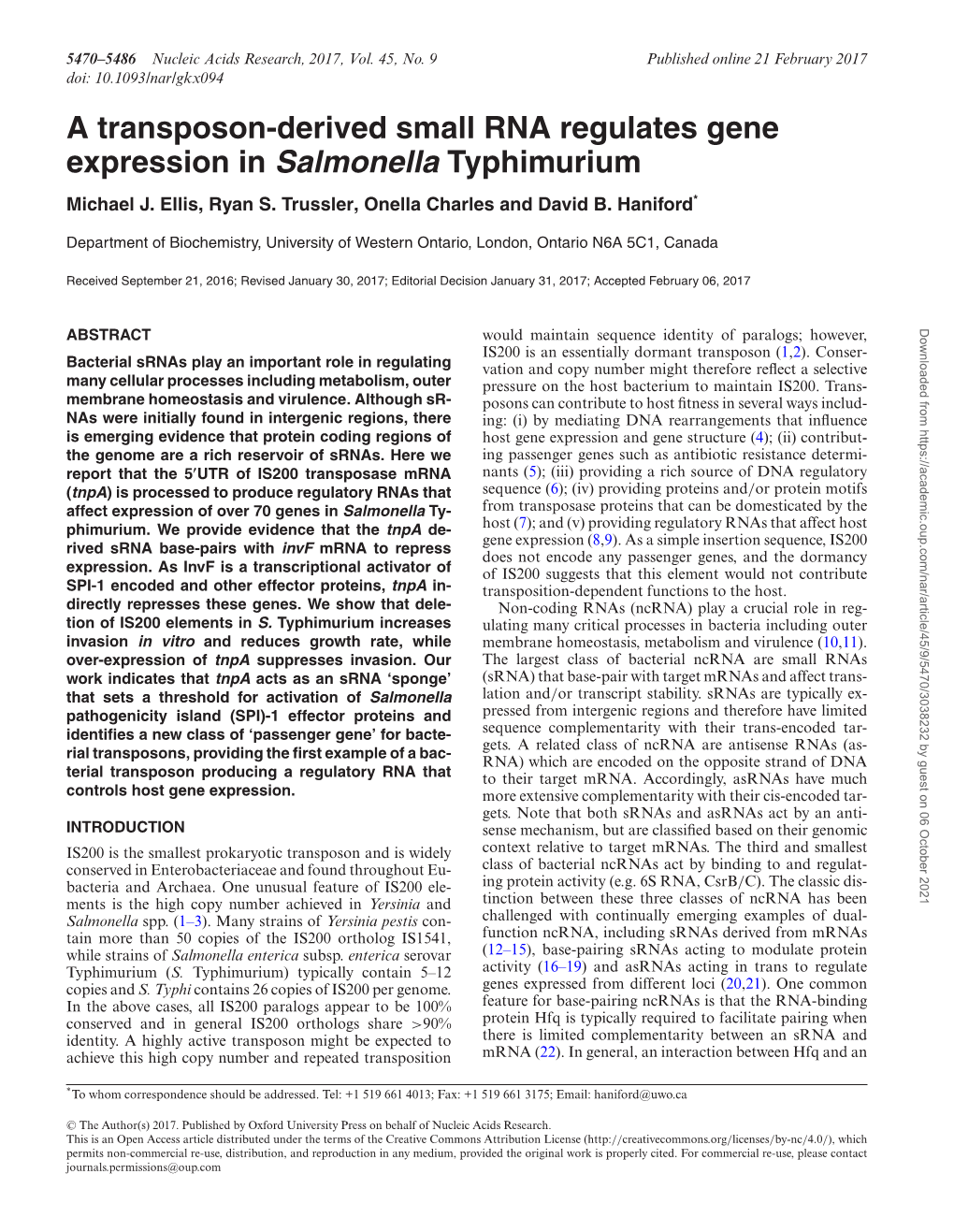 A Transposon-Derived Small RNA Regulates Gene Expression in Salmonella Typhimurium Michael J