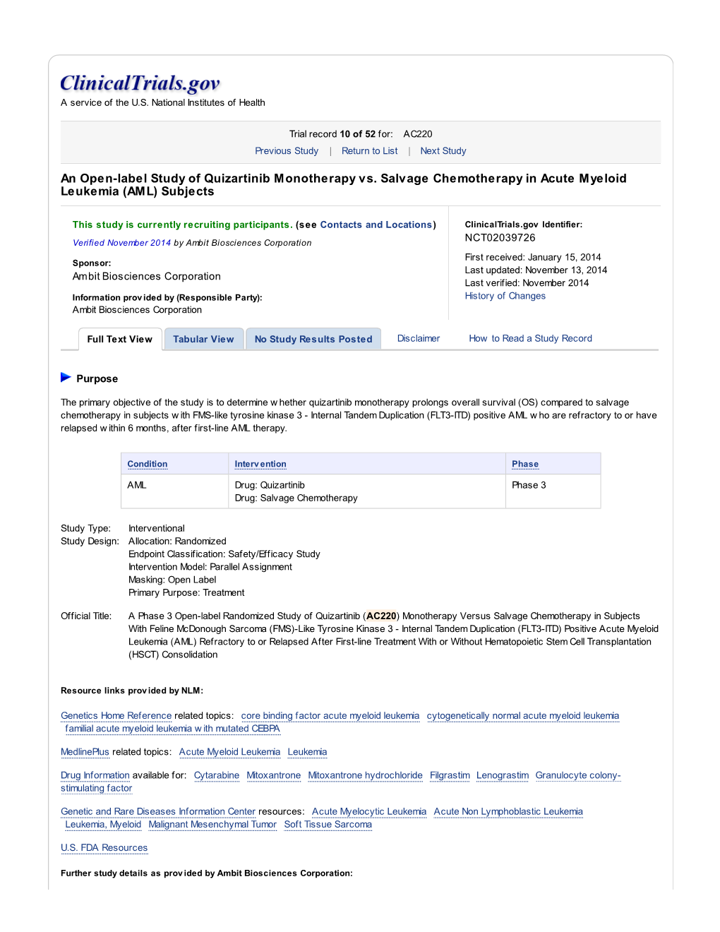 An Open-Label Study of Quizartinib Monotherapy Vs. Salvage Chemotherapy in Acute Myeloid Leukemia (AML) Subjects