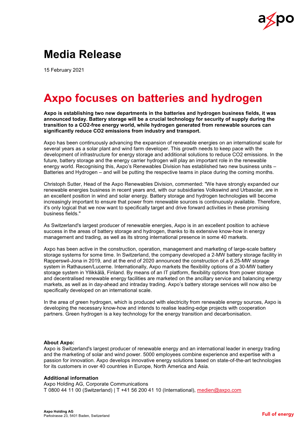 Media Release Axpo Focuses on Batteries and Hydrogen