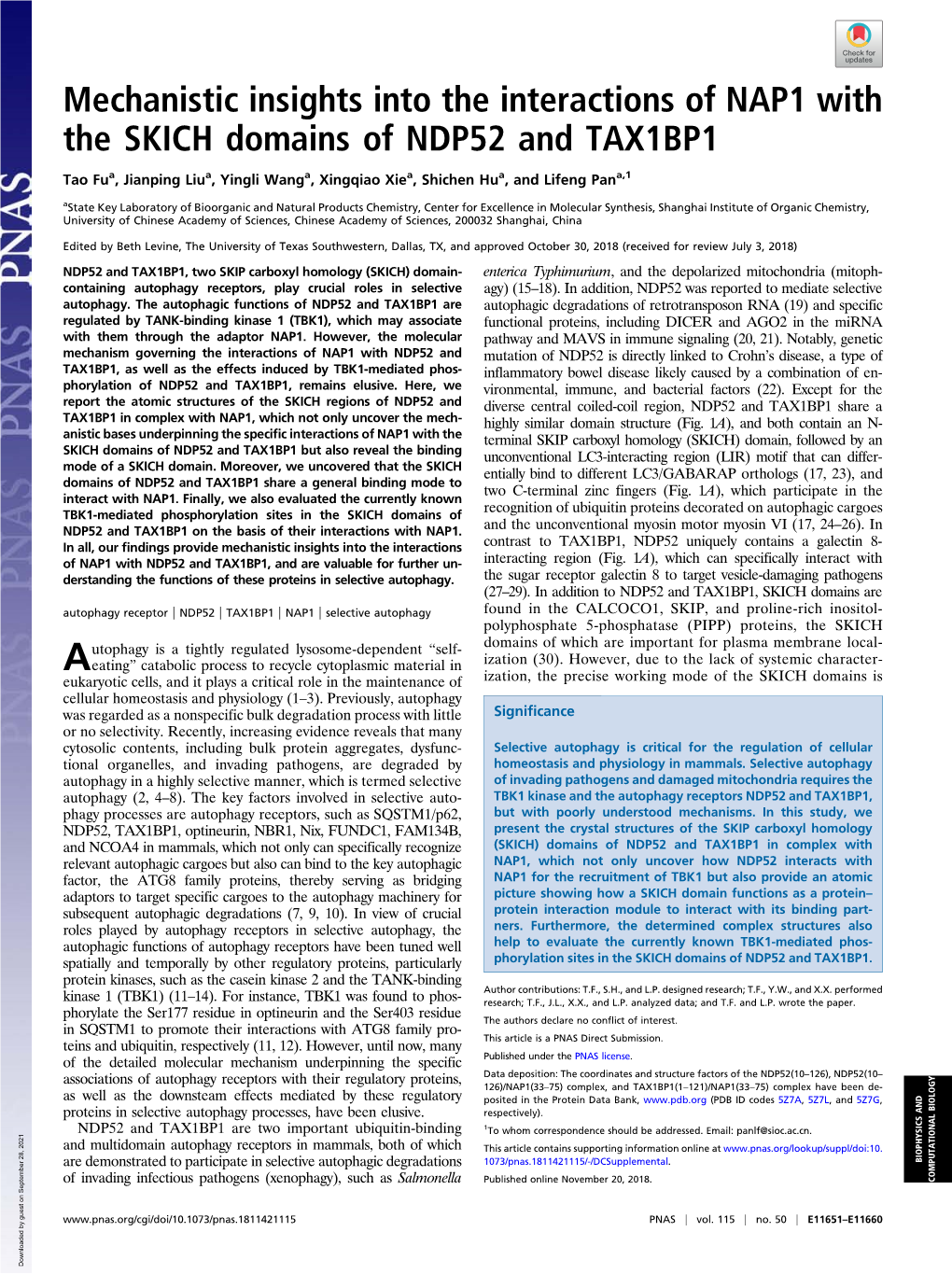 Mechanistic Insights Into the Interactions of NAP1 with the SKICH Domains of NDP52 and TAX1BP1