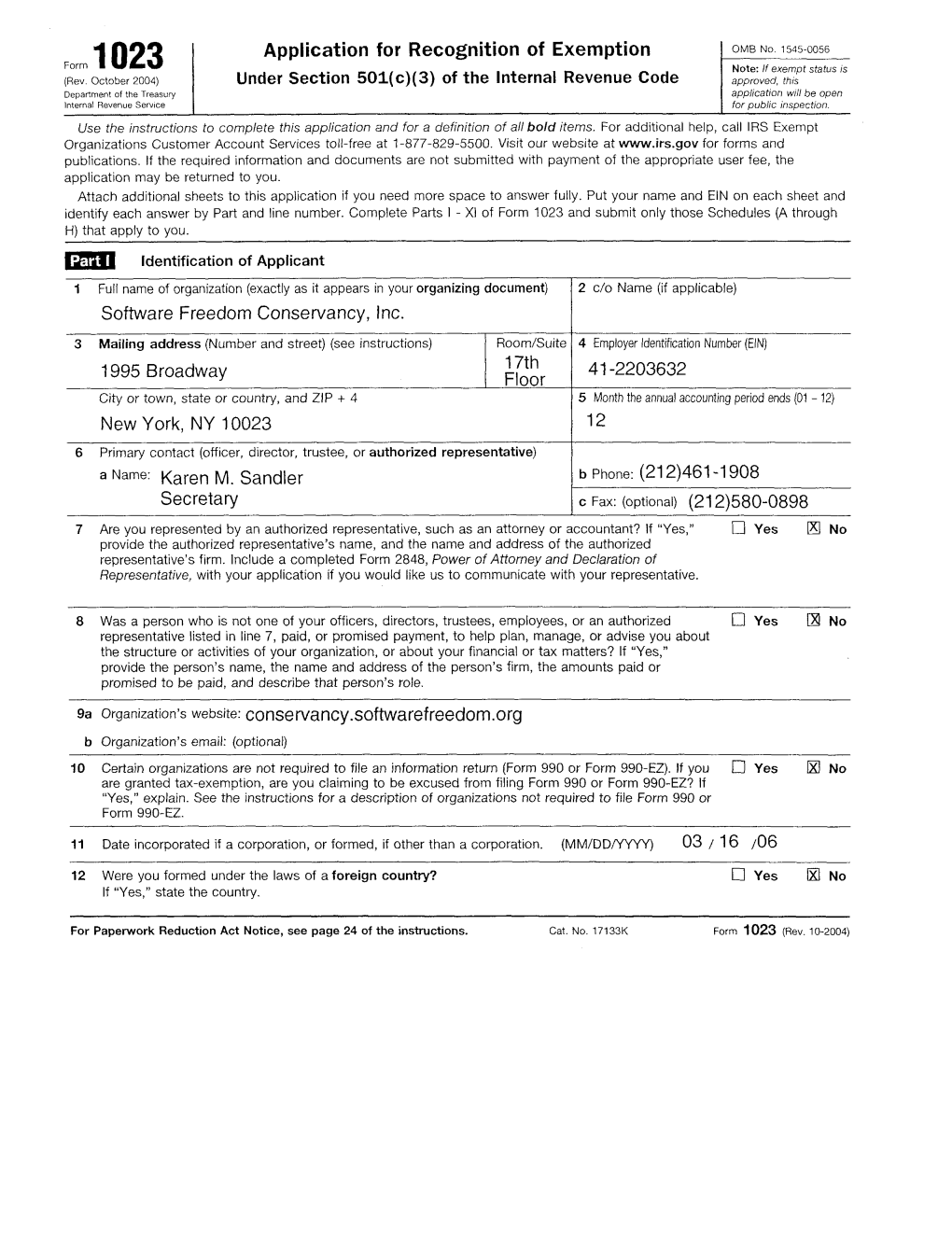 Our Form 1023 with the USA