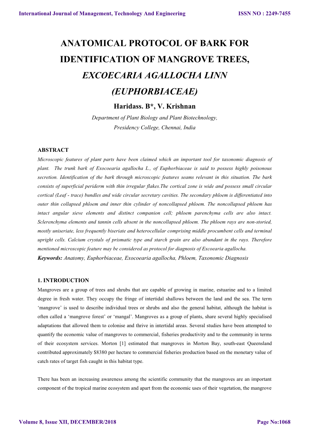 ANATOMICAL PROTOCOL of BARK for IDENTIFICATION of MANGROVE TREES, EXCOECARIA AGALLOCHA LINN (EUPHORBIACEAE) Haridass