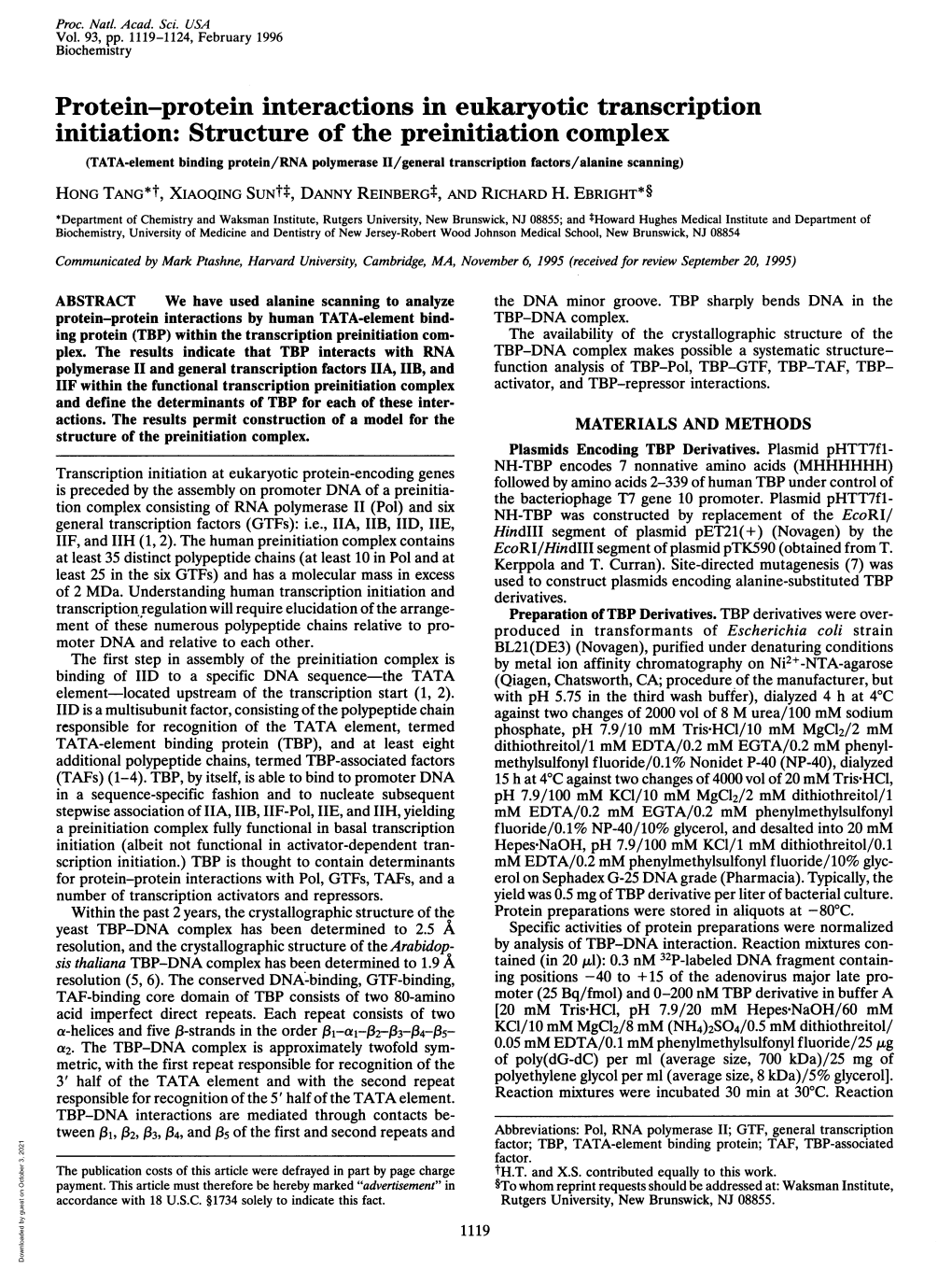 Protein-Protein Interactions in Eukaryotic Transcription