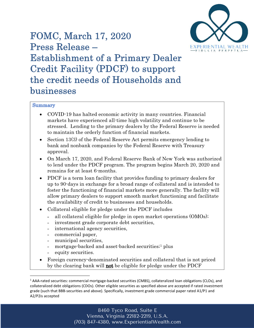 FOMC, March 17, 2020 Press Release – Establishment of a Primary Dealer Credit Facility (PDCF) to Support the Credit Needs Of