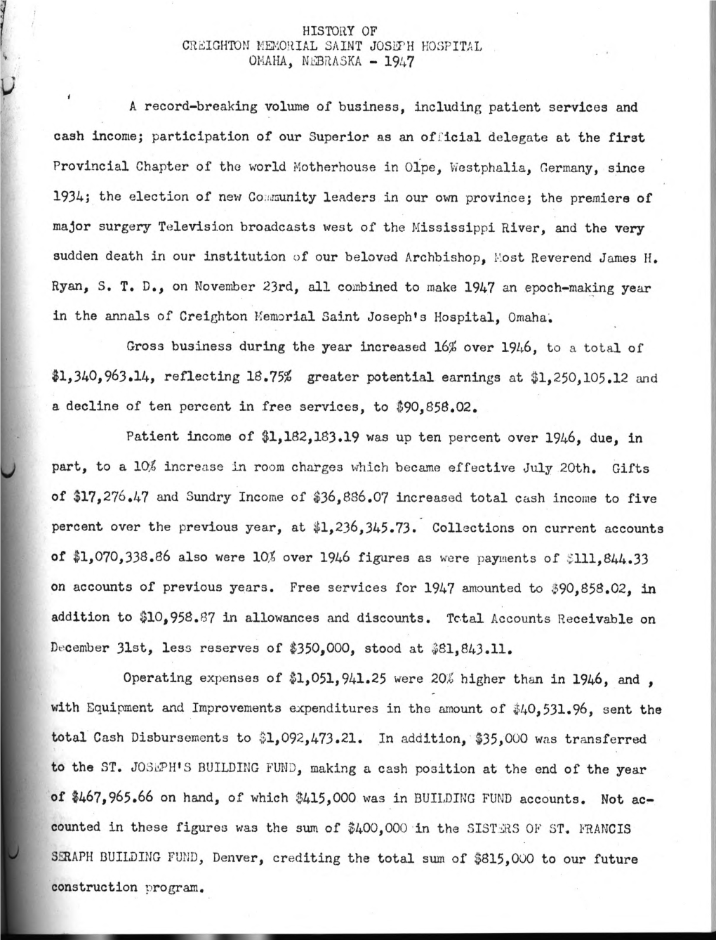 History of Creighton Memorial Saint Joseph Hospital Omaha, Nebraska - 1947