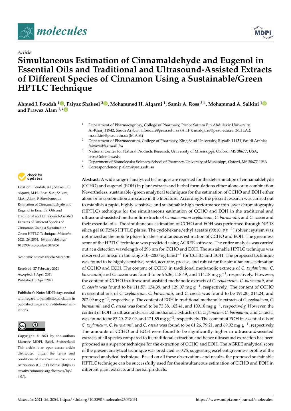 Simultaneous Estimation of Cinnamaldehyde and Eugenol in Essential Oils and Traditional and Ultrasound-Assisted Extracts of Diff