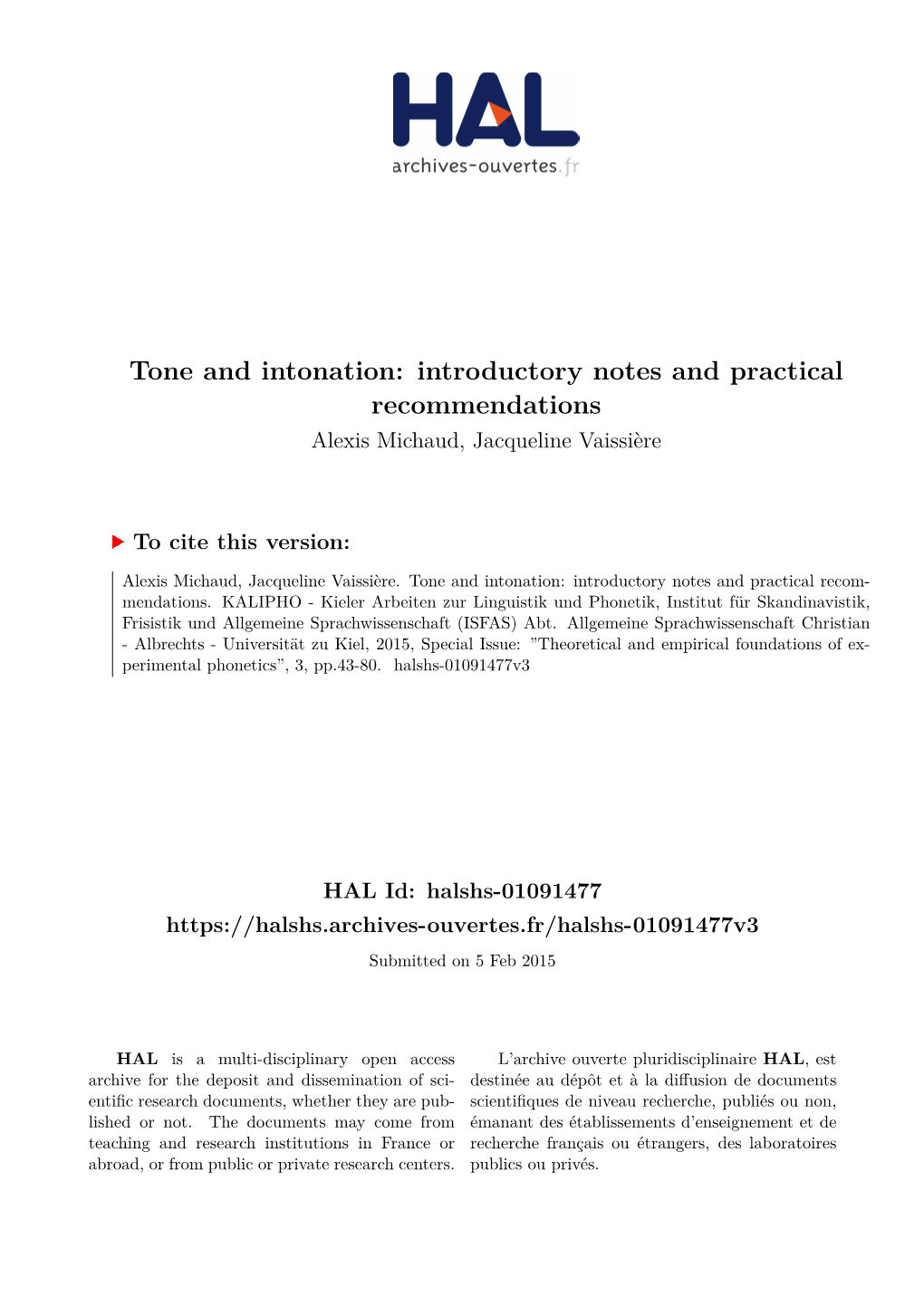 Tone and Intonation: Introductory Notes and Practical Recommendations Alexis Michaud, Jacqueline Vaissière