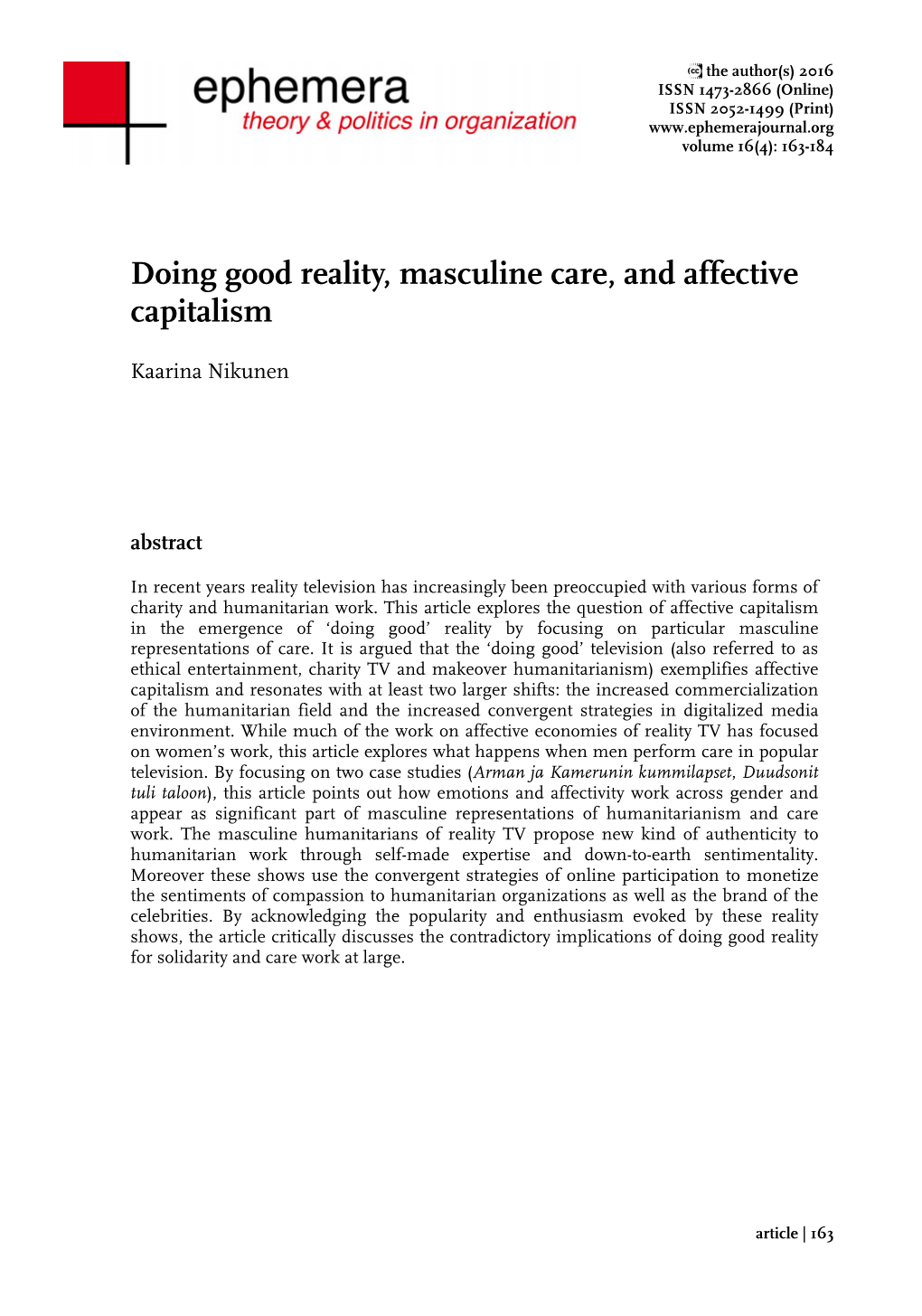 Doing Good Reality, Masculine Care, and Affective Capitalism
