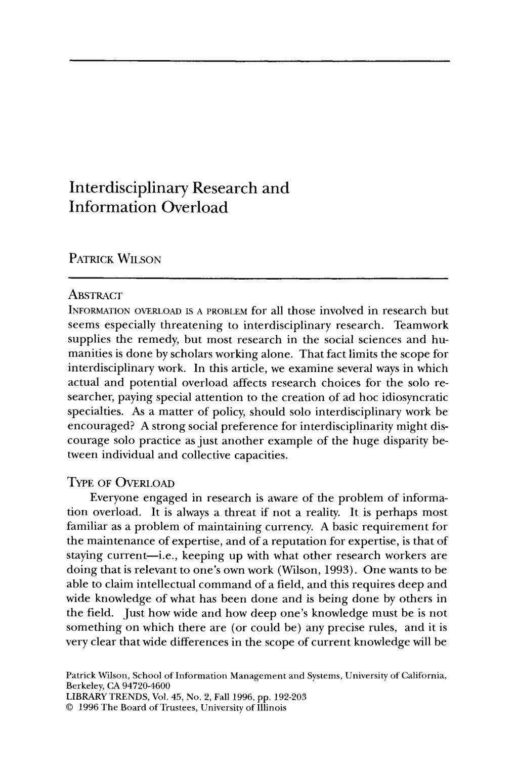 Interdisciplinary Research and Information Overload