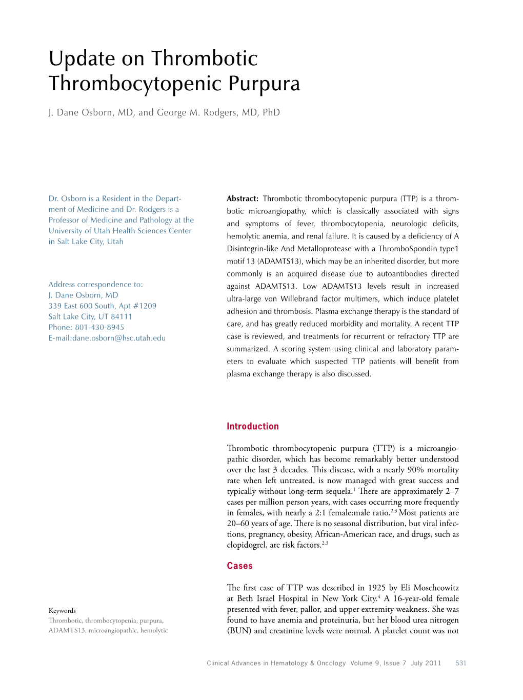 Update on Thrombotic Thrombocytopenic Purpura