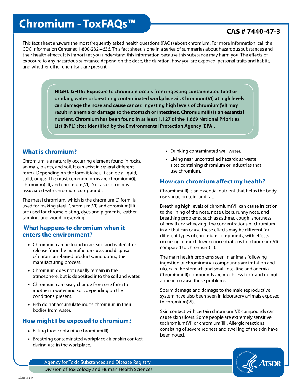 Chromium - Toxfaqs™ CAS # 7440-47-3