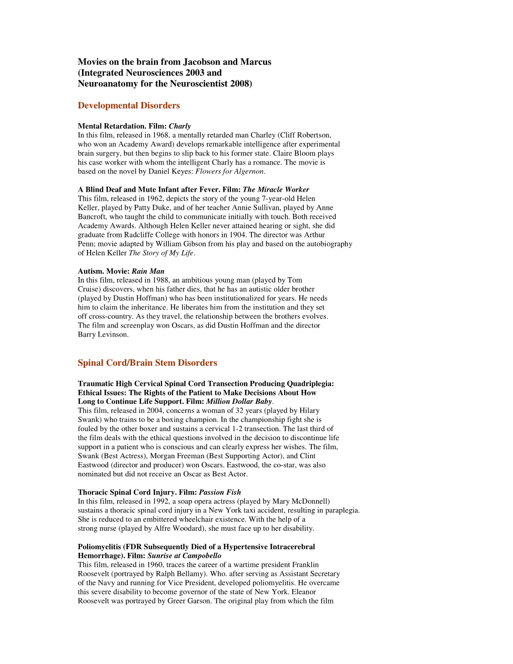 Movies on the Brain from Jacobson and Marcus (Integrated Neurosciences 2003 and Neuroanatomy for the Neuroscientist 2008)