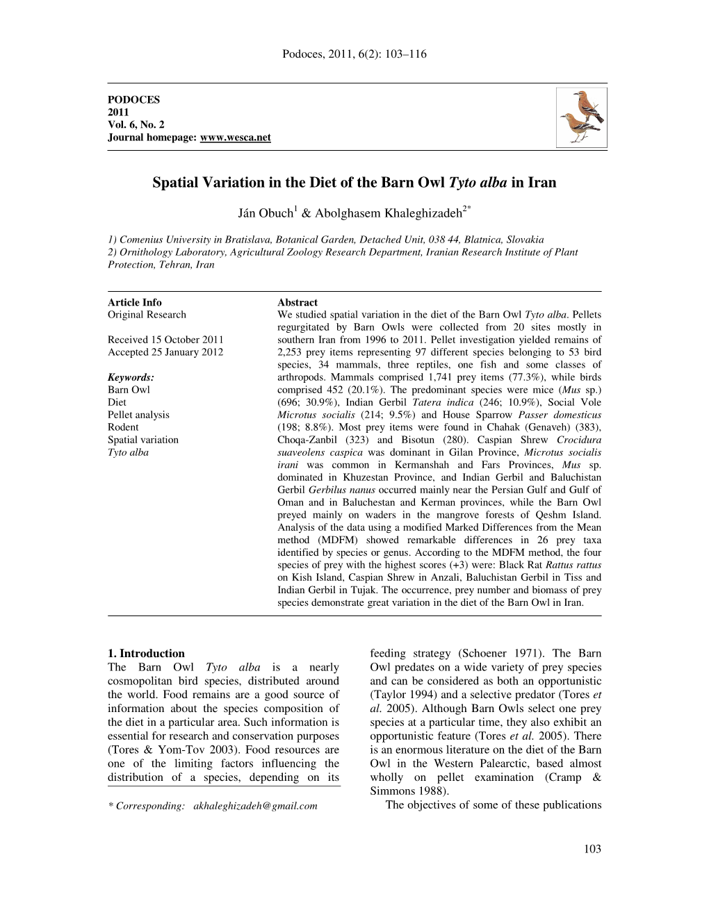 Spatial Variation in the Diet of the Barn Owl Tyto Alba in Iran