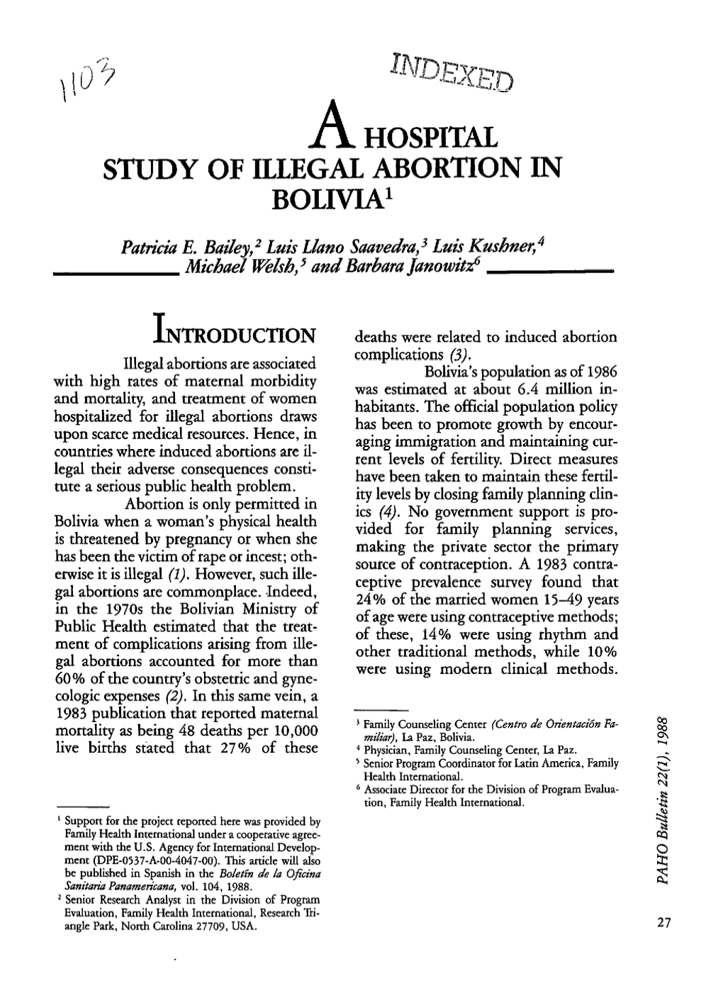 Study of Illegal Abortion in Bolivia1