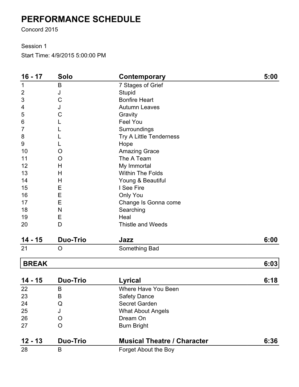 PERFORMANCE SCHEDULE Concord 2015