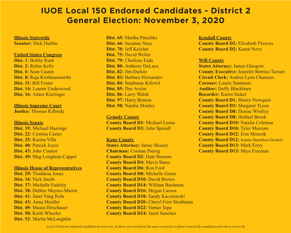 IUOE Local 150 Endorsed Candidates - District 2 General Election: November 3, 2020