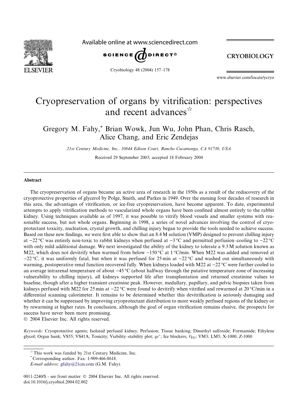 Cryopreservation of Organs by Vitrification