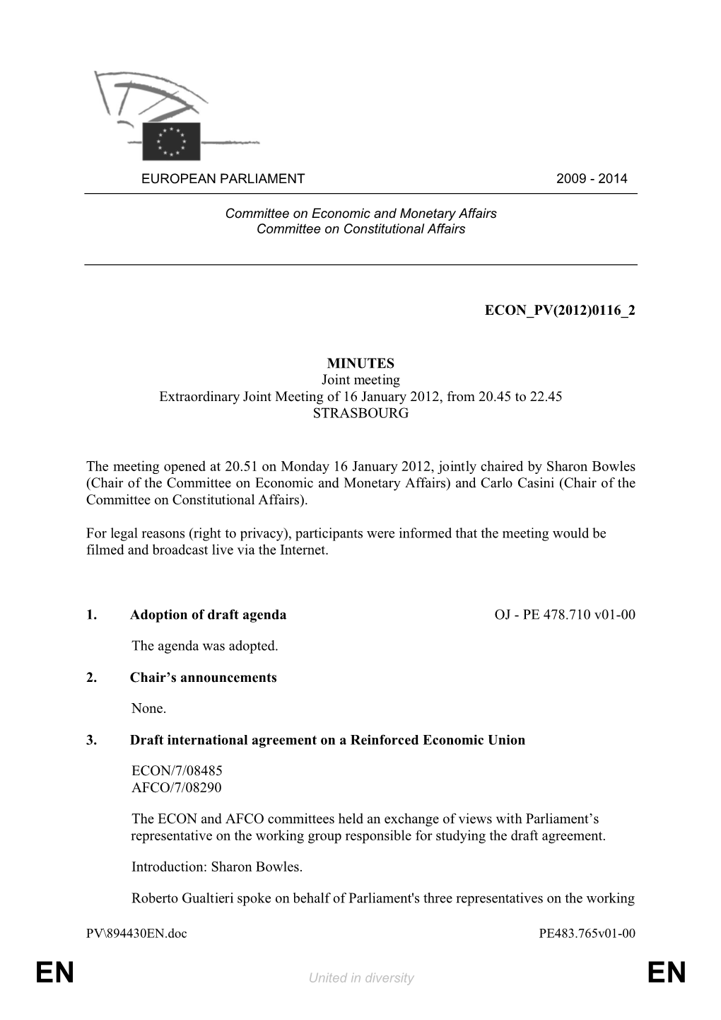 ECON PV(2012)0116 2 MINUTES Joint Meeting Extraordinary Joint